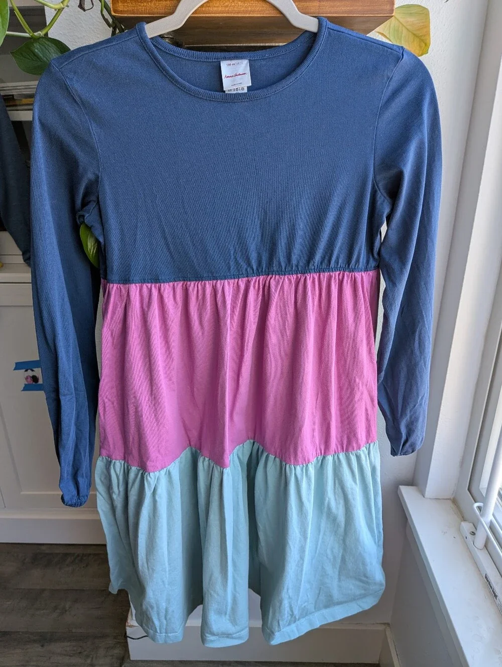 Hanna Andersson Colorblock Tiered Twirl Dress Navy Pink Aqua US 12 Kids